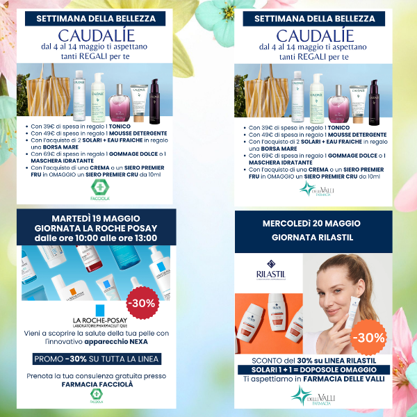giornate promo maggio Farmacia delle Valli e Farmacia Facciolà: Bioscalin, Caudalie, Youstar, Helan